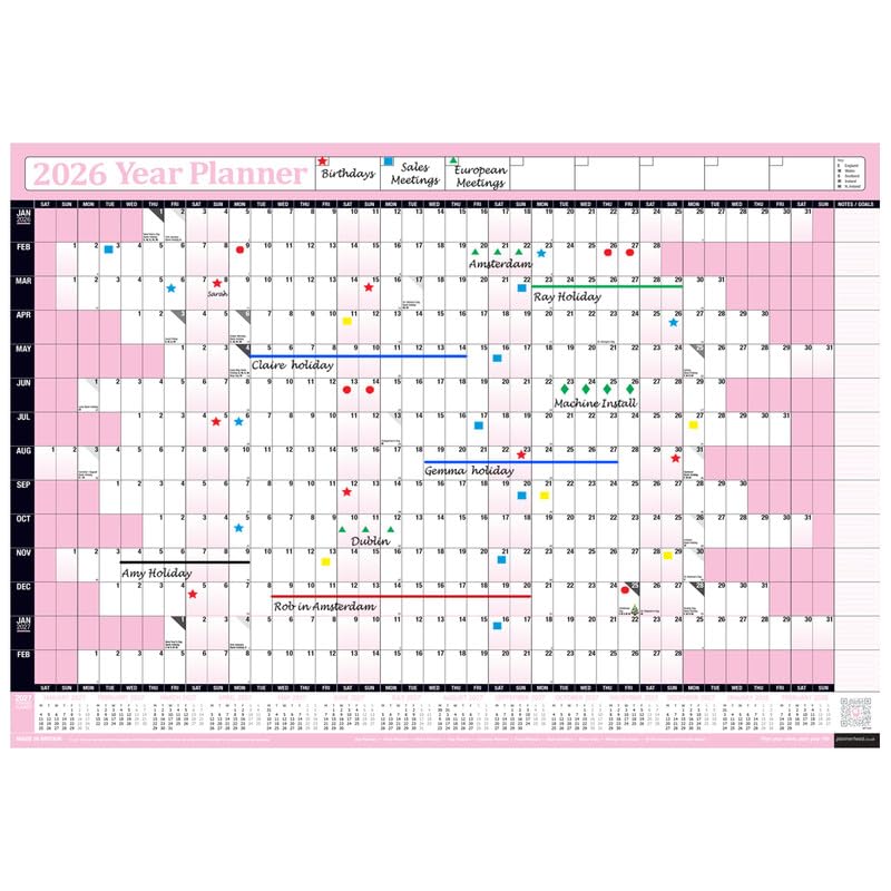 PlannerHead 2026 Wall Planner Baby Pink | Yearly Calendar 2026 for Students, Families, Businesses, Offices|UK & Ireland Bank Holidays|Unmounted & Unlaminated (Baby Pink, Large 49cm x 70cm - Folded)