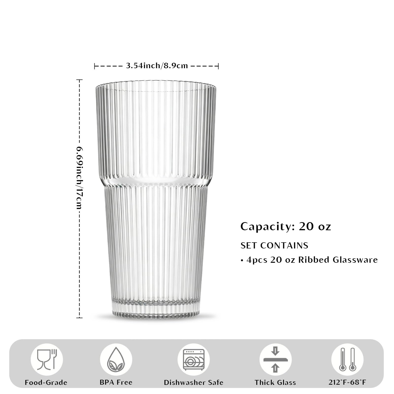 INSETLAN Juego de 4 vasos de vidrio acanalado de 20 onzas, vasos de gran capacidad para café helado, agua, jugo y cócteles, elegante cristalería moderna para uso diario y ocasiones especiales | Tazas para café helado, agua, jugo y cócteles - Elegante cris