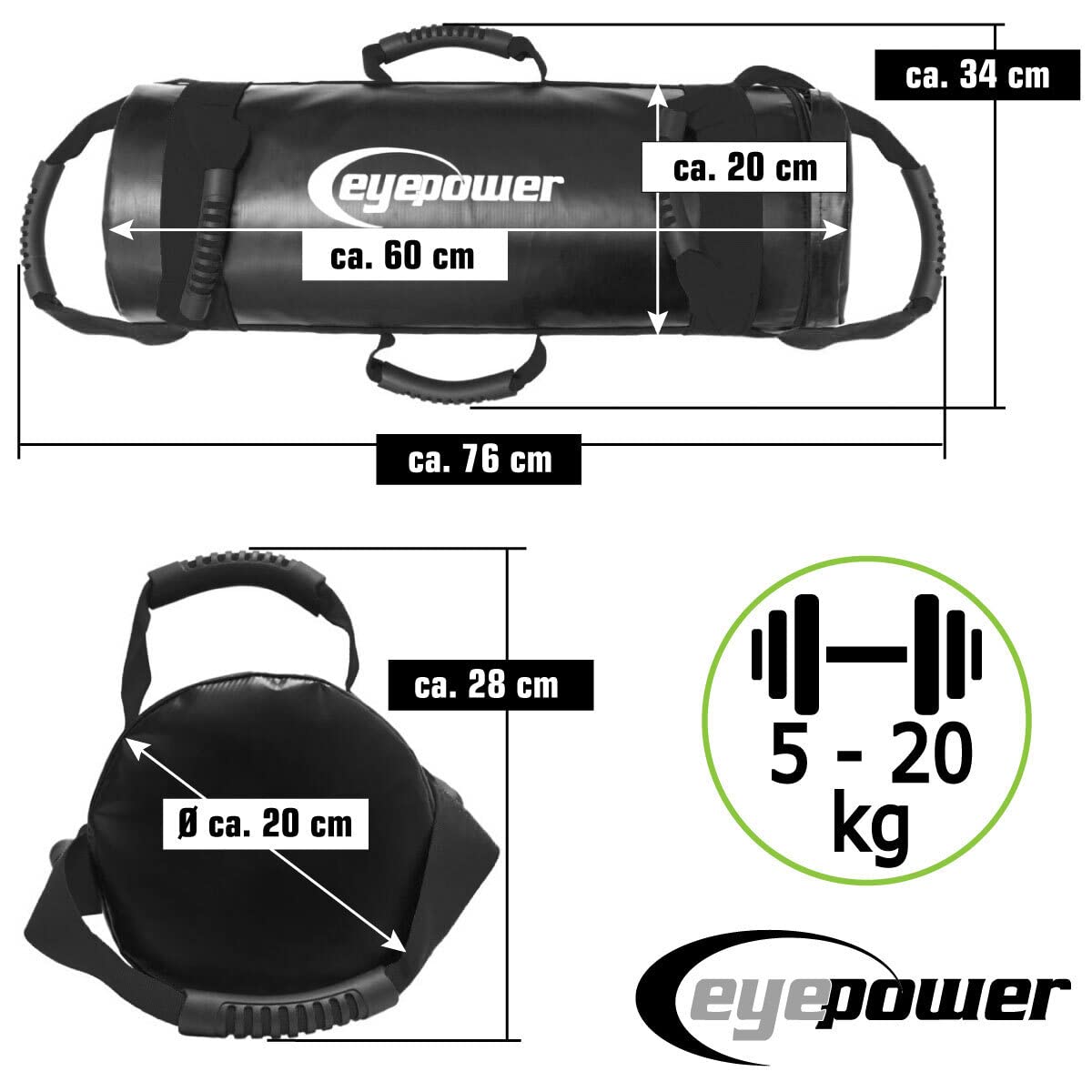 eyepower 20kg Profi Power Bag + 4 Wasserdichte Kettlebell Gewichte mit Eisensand - Besser als Geräte: 6 Griffe Fitness Sandbag für Zuhause - 20x60 Home Training Gewichtssack - Bauch- und Rückentrainer