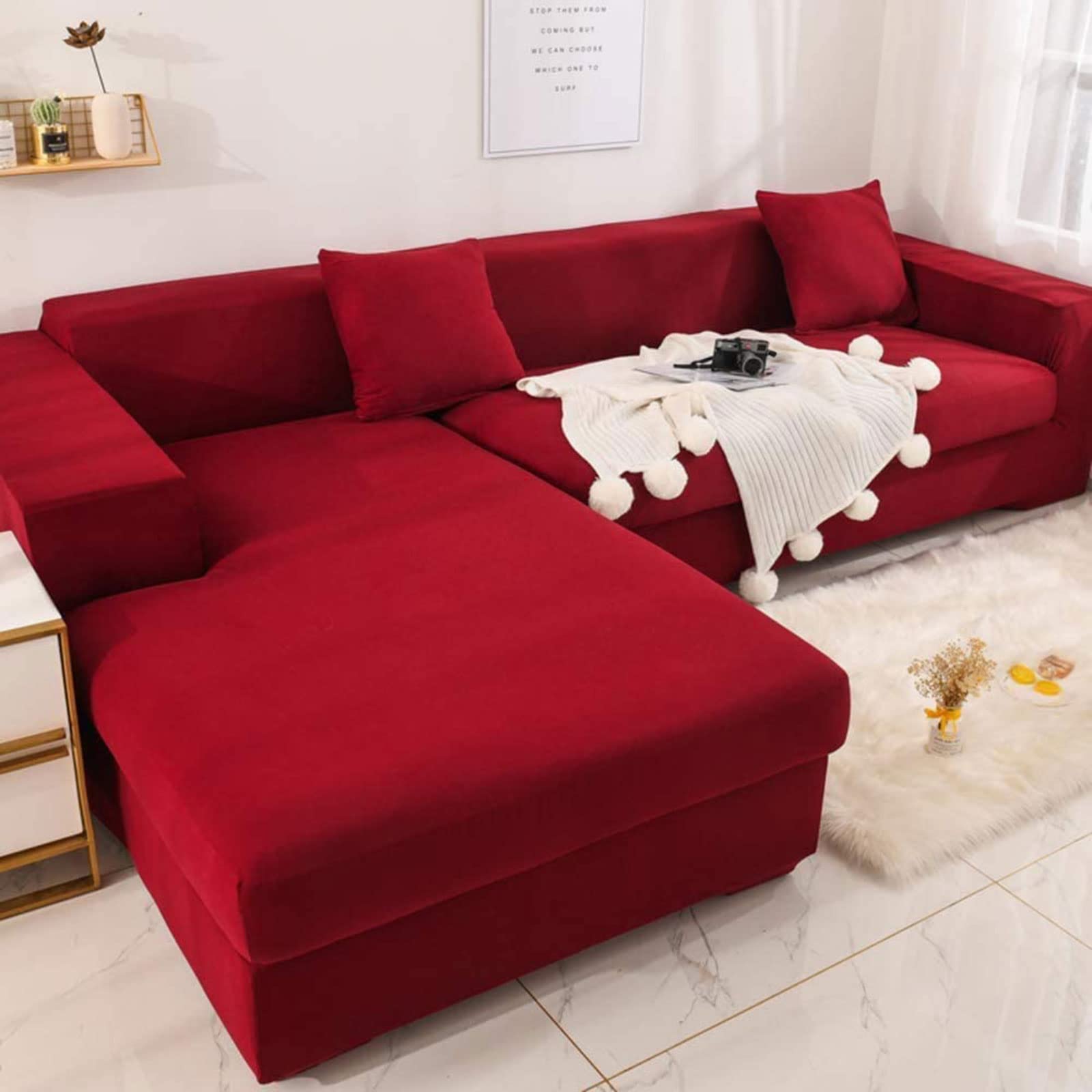 MGEMJMJ Stretch L Shape Sofa Cover,Slipcover Couch 1 Piece Couch Cover,Sectional Couch Covers Jacquard Fabric Sofa Slipcover(Size:sofa 190~230cm(75~91inch),Color:Red Wine)