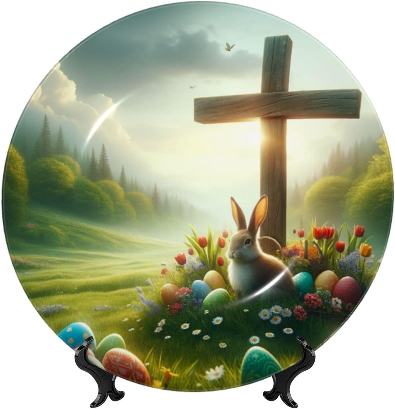 Easter-Eggs-Cross-Rabbit 10 Inch Decorative Plate With Stand, Elegant Display Wall Plate For Home Decor