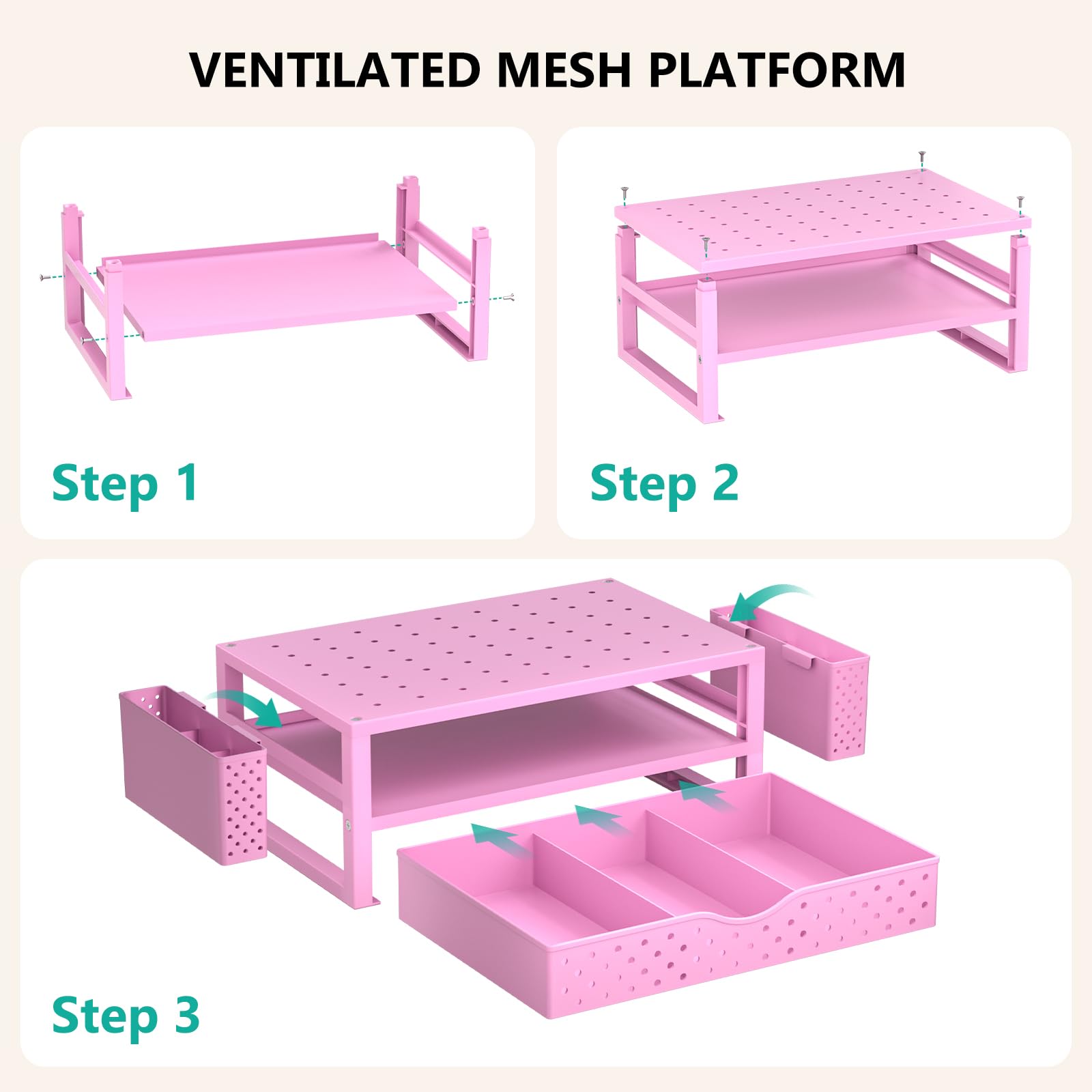 WALI Desk Organizer with Drawer and Pen Holder, 3 Tier Computer Monitor Stand for Home Office Supplies, Laptop Stand Riser for Computer, Laptop, Printer(PTT004-P), 1 Pack, Pink view 9