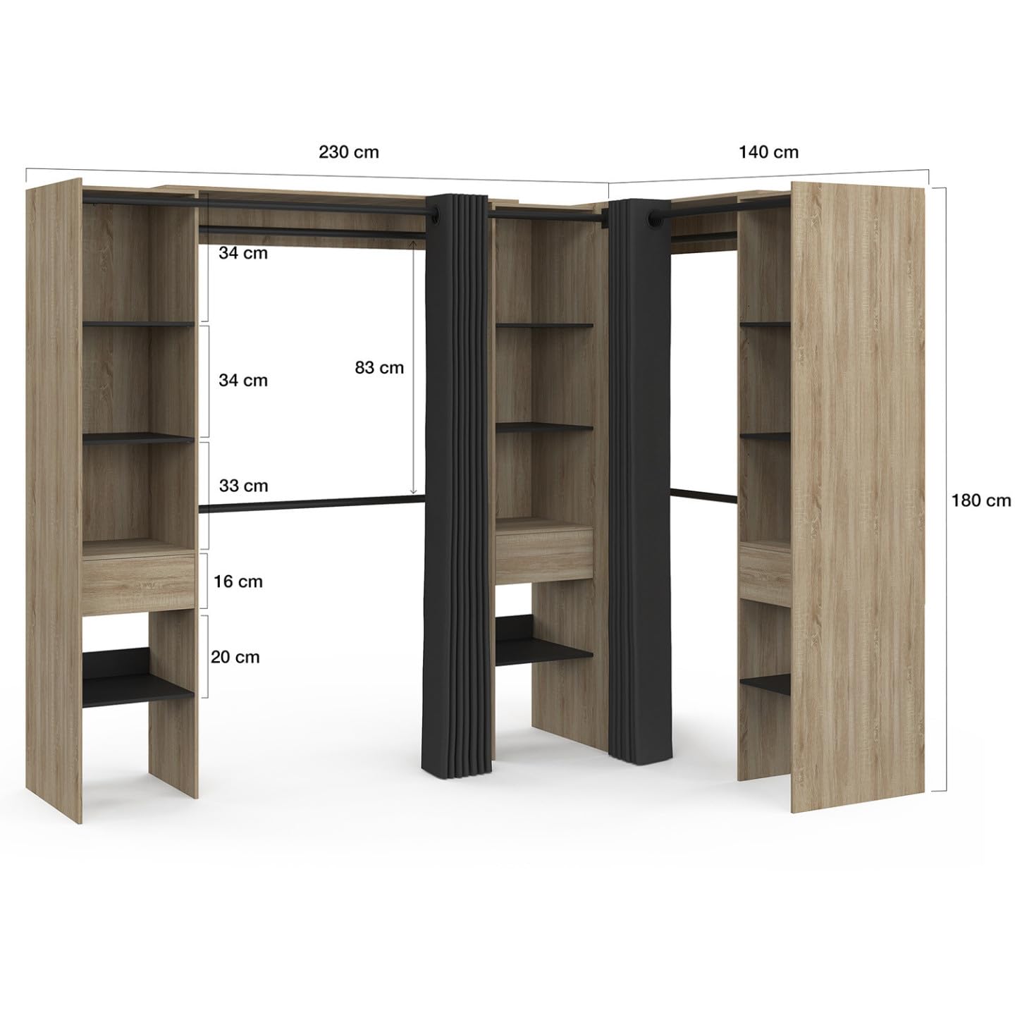 IDMarket - Dressing Extensible d'angle Marlon 230 x 140 x 180 cm cm hêtre avec penderies + étagères + Rideaux Noirs