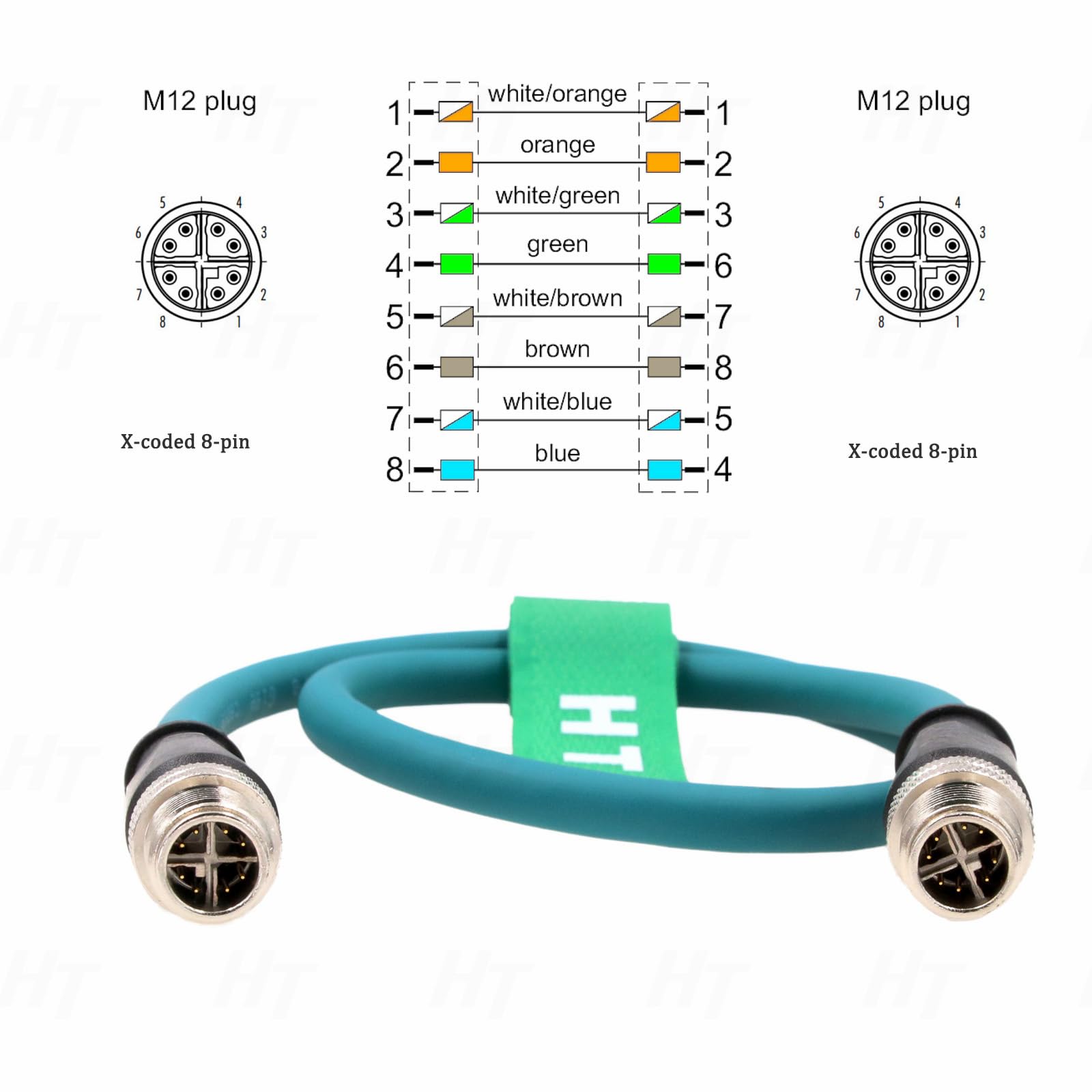 HangTon Câble Ethernet Cat7e M12 8 broches codé X mâle vers mâle pour caméra Cognex Basler Sensor haute vitesse 30 m