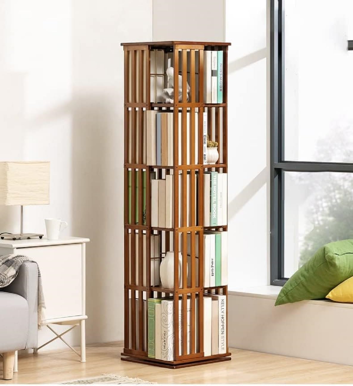 360 Rotating Bookshelf - Bamboo Storage Display Rack | Open Design Shelving for Living Room, Study Room, Office | Standing Shelves Size - 72'' x 18'' x 18'' Inch-image-22