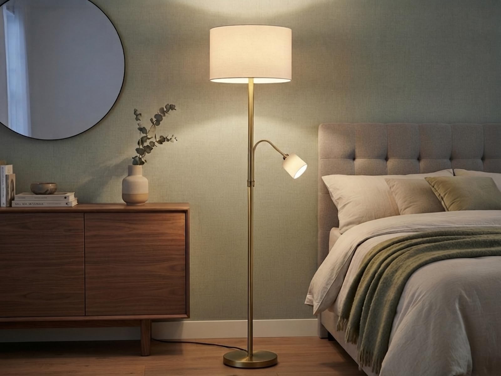 meineWunschleuchte Lampa stojąca z mosiądzu z lampką do czytania i abażurami materiałowymi w kolorze kremowo-białym, wysokość 170 cm