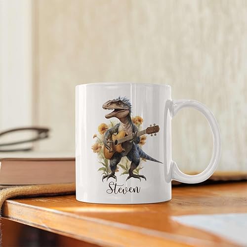 Miniatura 5 de Taza personalizada de dinosaurio para tocar la guitarra, taza de té de dinosaurio personalizada con nombre, taza de café única de dinosaurio, regalo