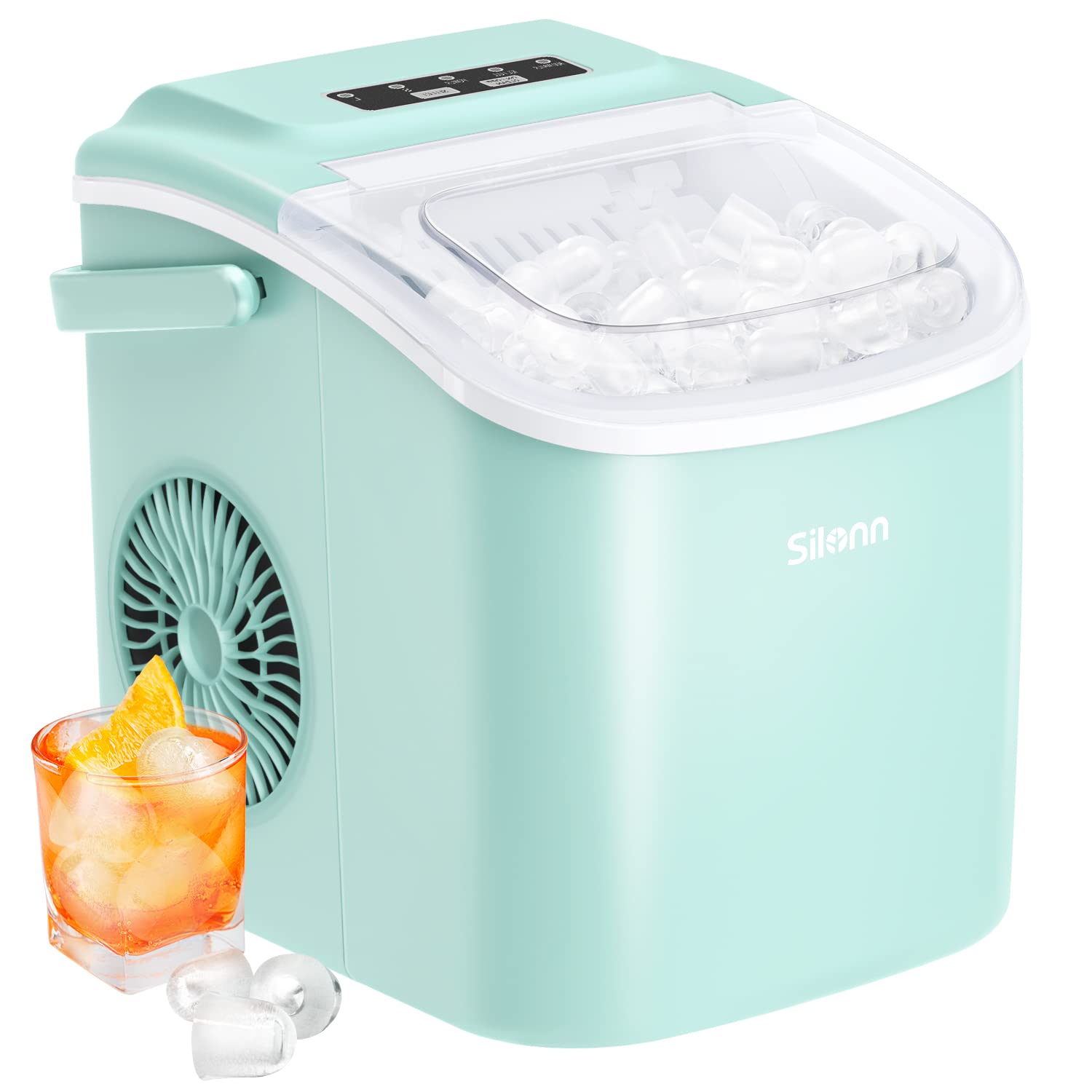 Silonn Countertop Ice Maker, 9 Cubes Ready in 6 Mins, 26lbs in 24Hrs, Self-Cleaning Ice Machine with Ice Scoop and Basket, 2 Sizes of Bullet Ice for Home Kitchen Office Bar Party, Green