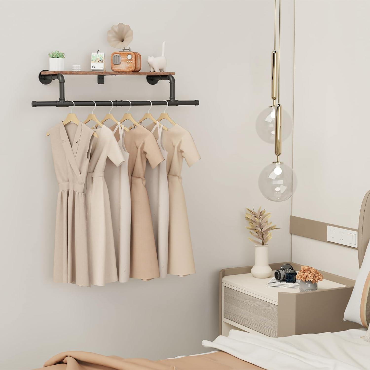 Wall Mounted Garment Rack with Top Shelf, Space Saver Industrial Pipe Clothes Rack, Heavy Duty Iron Shelf with Hanging Rod, 37.6×10.2×5.9 Inch, Black