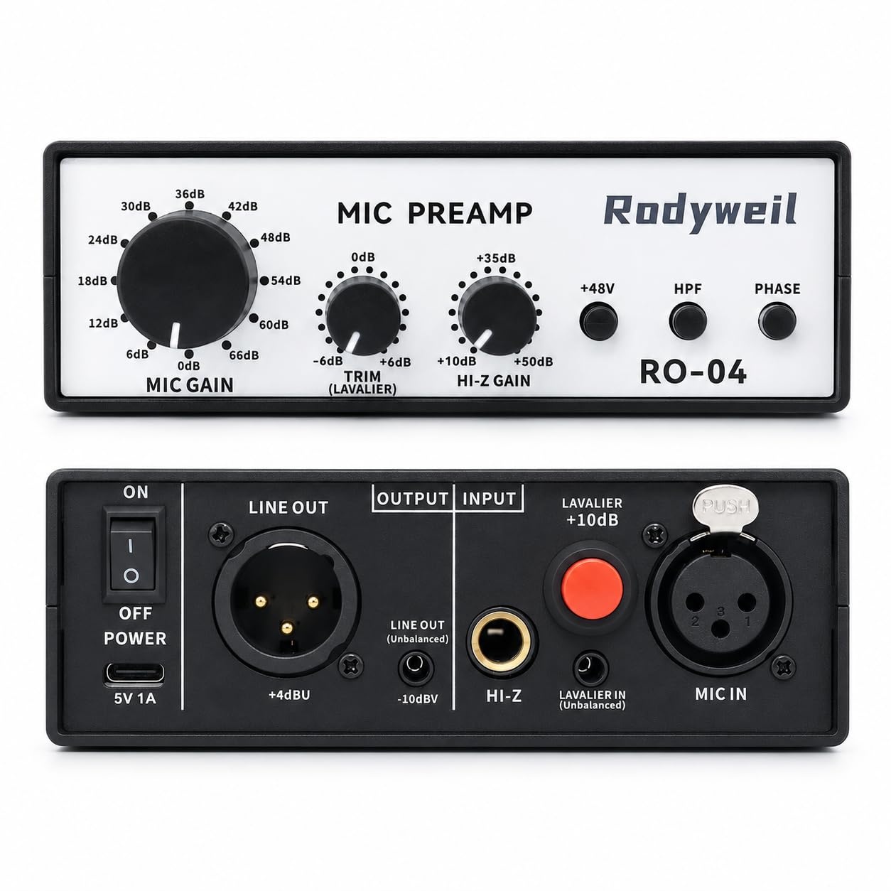 RO-04 Mic Preamp, 0~72db Adjustable Gain Boost,-120db EIN Ultra Low Noise, Studio Grade Performance with Hi-Z, 48V, HPF, Phase for Instrument & Microphone