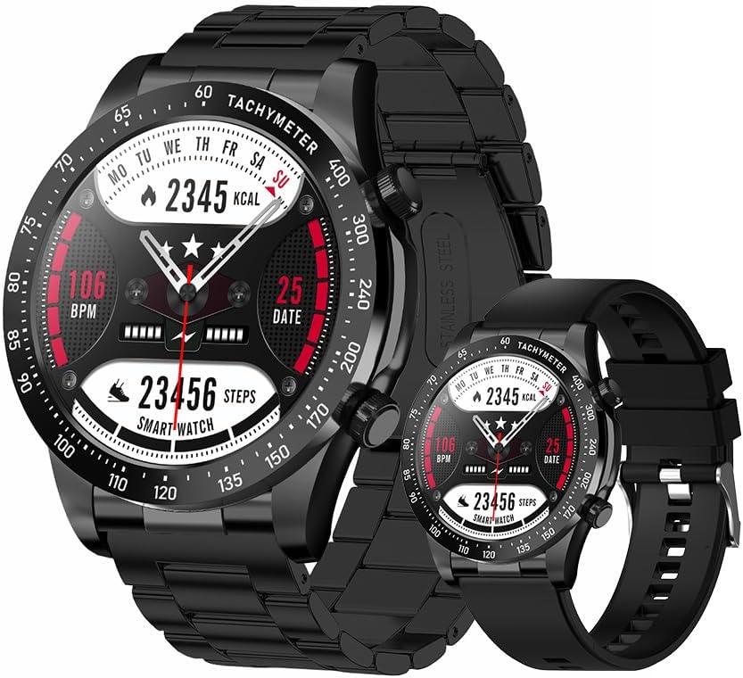 Men's Smartwatch 1.43 AMOLED HD Screen Bluetooth Calling Activity Tracker Heart Rate Monitor IP68 Waterproof Compatible Android and iOS, Sports and Fitness Watch (Present Silicone Band) (Full Black)