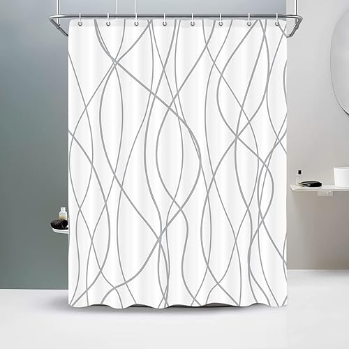 Punkray Cortina de ducha de tela a rayas grises y blancas para baño con 8 ganchos, cortinas de ducha para decoración de baño, 36 x 72 pulgadas con