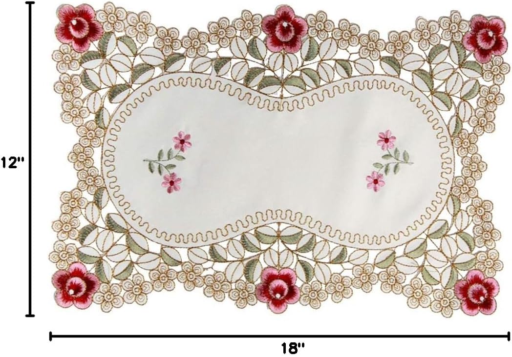 HOLY HOME Placemat, 100% Polyester Embroidery Lace Rose Pastoral Table Mats Set of 6 (6pcs placemats, Pink)