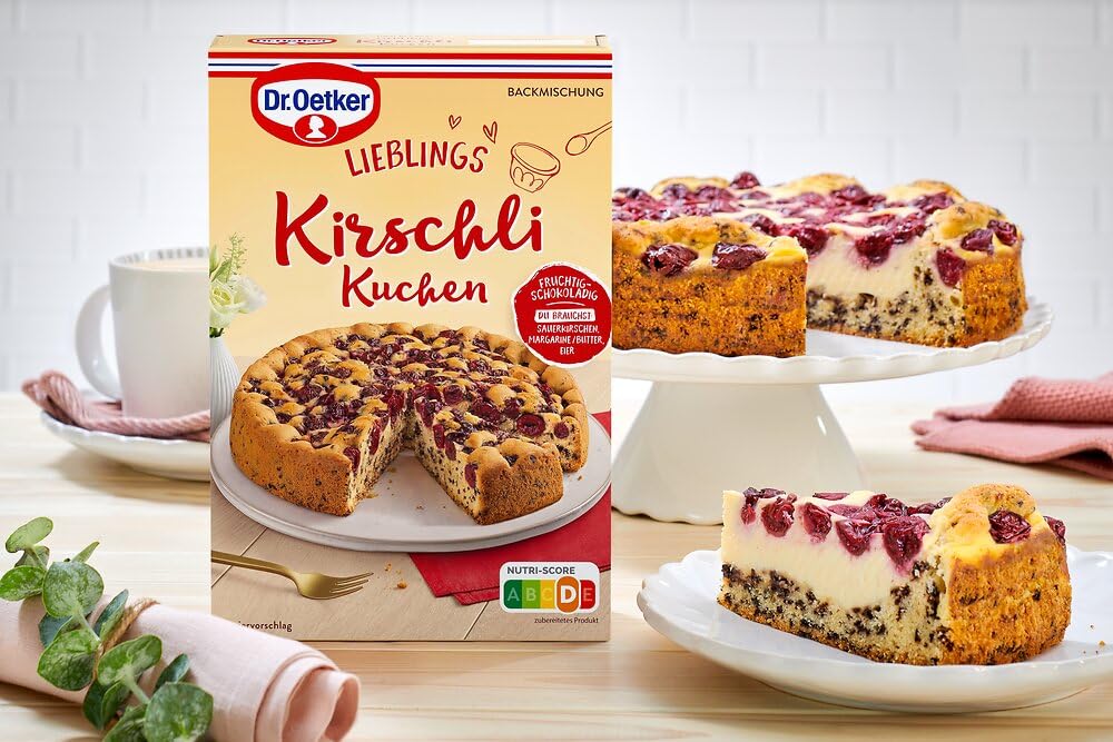 Dr. Oetker Kirschli Kuchen, 8 x 435 g, Backmischung für Rührkuchen mit Kirschen & Schokoladenflocken, fruchtig-schokoladiger Rührkuchen, gelingsicheres Backen