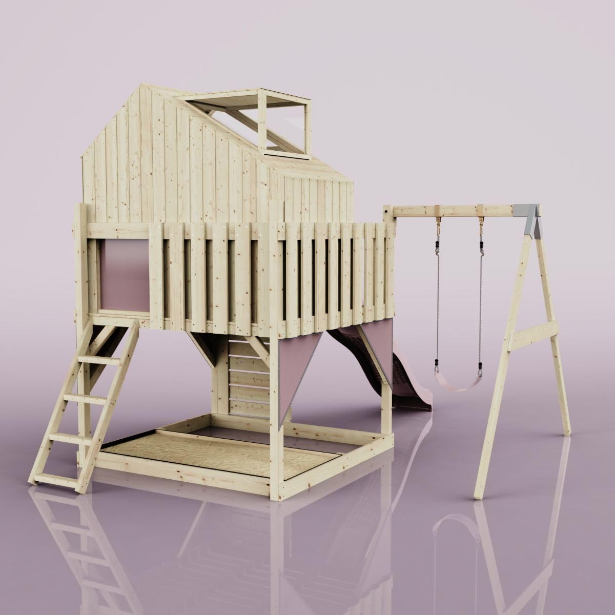Rebo Outdoor Spielturm Mit Rutsche & Schaukel – Holz-Klettergerüst Mit Netz & Kletterwand
