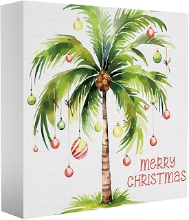 Beach Christmas Palm Tree Xmas Decor Sign Tropical Coastal Beachy Christmas Decorations Wood Sign for Office Desk Table Shelf Home 5 x 5 Inches