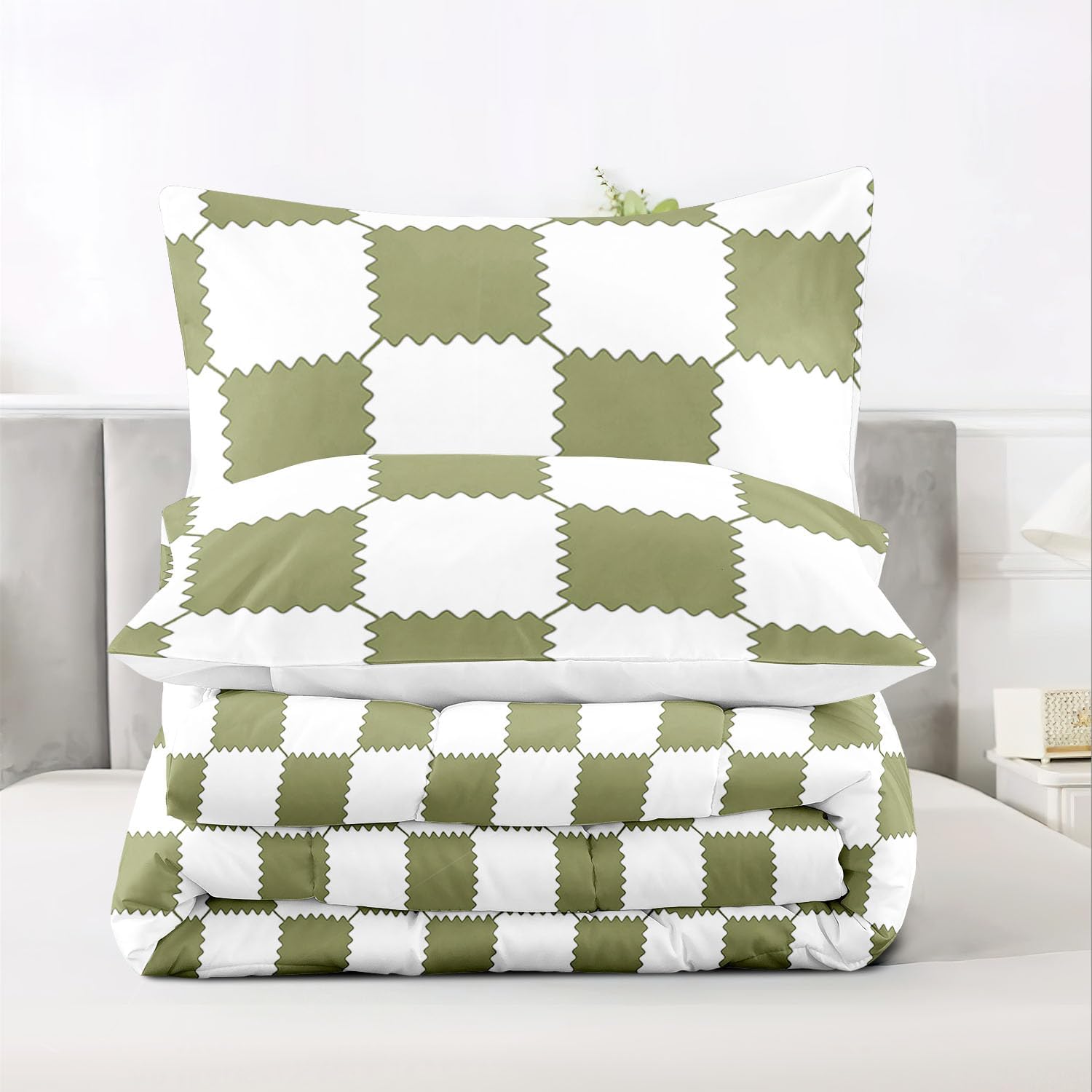 Raphus cucullatus Green Plaid Queen Comforter Set,Gingham Bedding Green Checkered Queen Comforter Set,Farmhouse Bedding Gingham Quilt,Western Quilt Boho Bedroom Decor