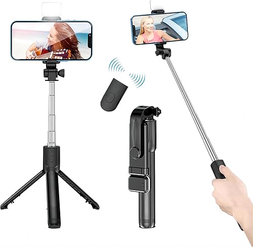 Palo selfie con luz de relleno, trípode extensible para selfie stick con control remoto inalámbrico y soporte para teléfono, selfies grupales,
