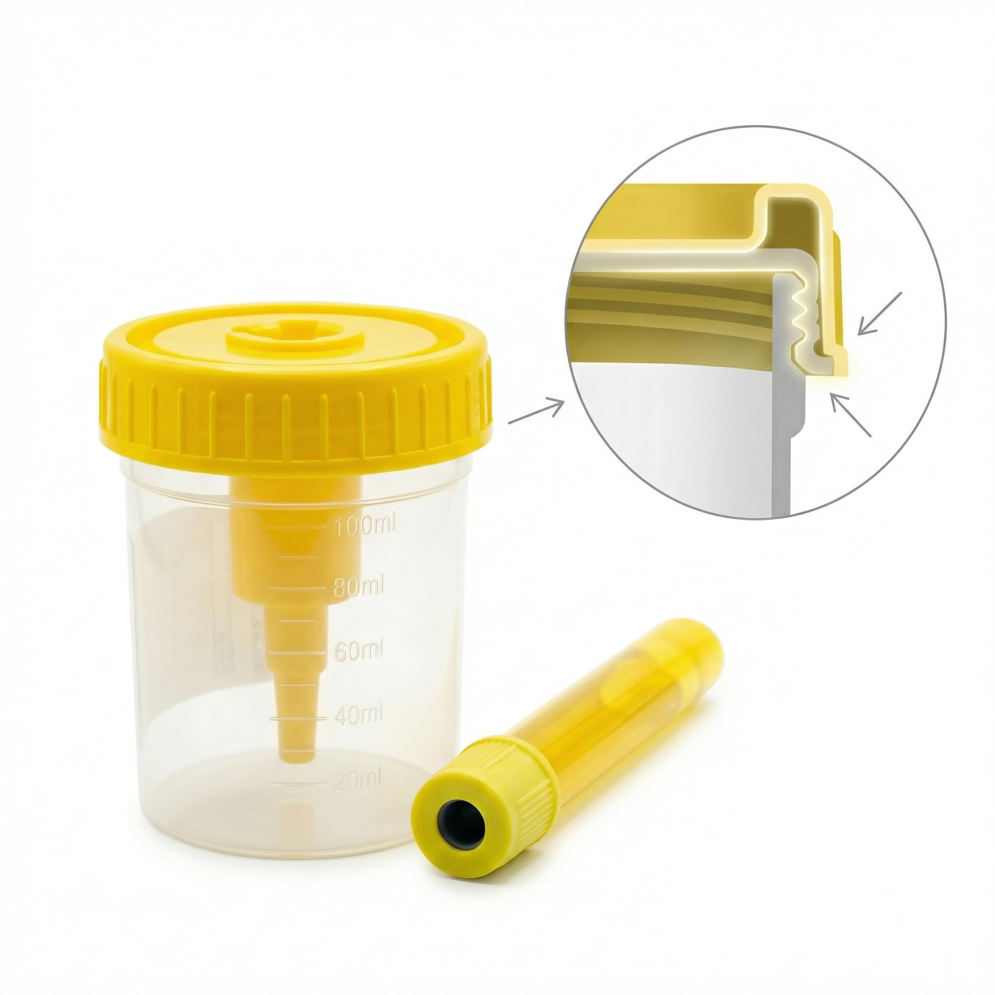 KMINA Kit de Prélèvement d'Urine sous Vide (150 unités), Flacon de 100 ml avec Graduation et Tube sous Vide de 9 ml, Système Clos et Hygiénique