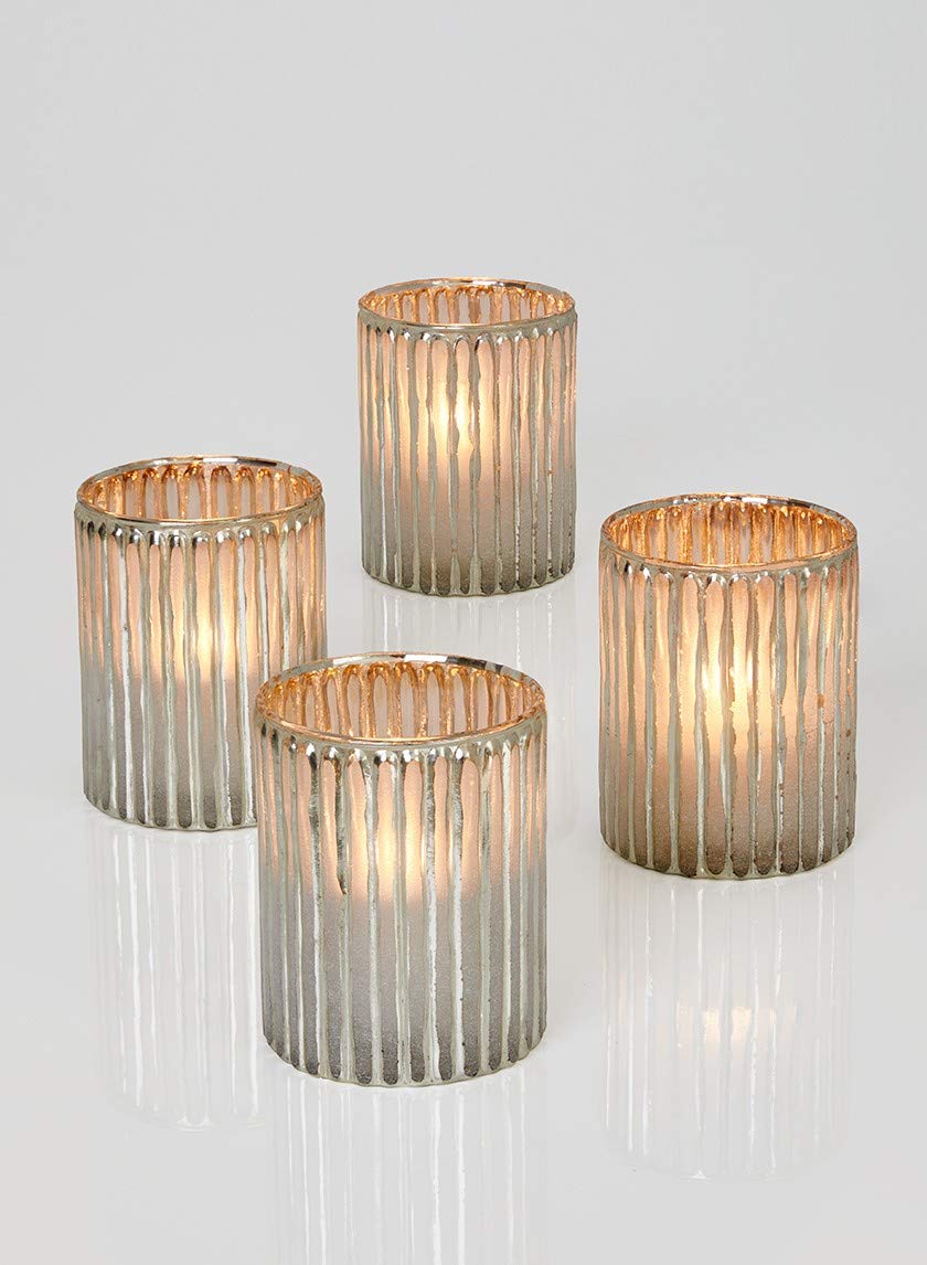 Serene Spaces Living Set of 4 Corrugated Glass Silver Votive Candle Holders, Ideal for Winter Wedding Decorations, Parties, Events, Christmas Dinner Tablescape, 4