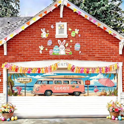Image of 78.7 x 17.7 Inch Summer Banner Pink Retro Camper Van Beach Ocean Surfboard Flamingo Yard Decorations Seasonal Outdoor Decor Fence Sign