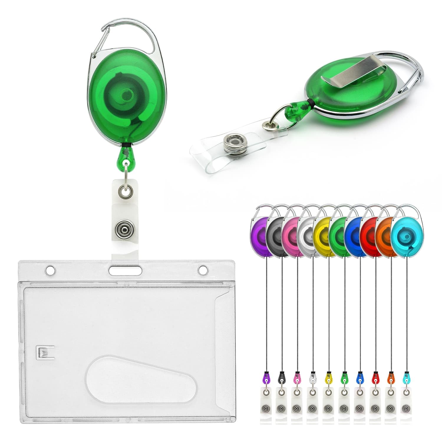 CKB LTD Badge Holder Retractable Reel Set, 5PCS Single Sided Enclosed Ejection Slot Horizontal ID Card Holder for School, Office, Identity Card Belt Clip Attachment Holds 86x54mm (Green)