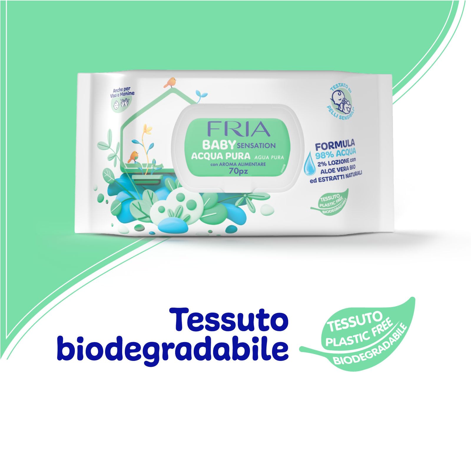 Fria Baby Sensation Acqua Pura Salviette per Cambio Pannolino, 98% Acqua Purificata, 70 Salviette