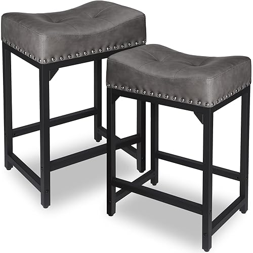 FLYZC Counter Height Bar Stools Set of 2, Bar Stools for Kitchen Counter, 24 Inch Counter Stools Saddle Barstools for Pub, Bar, Kitchen Dining Room Support 300 LBS(Grey)