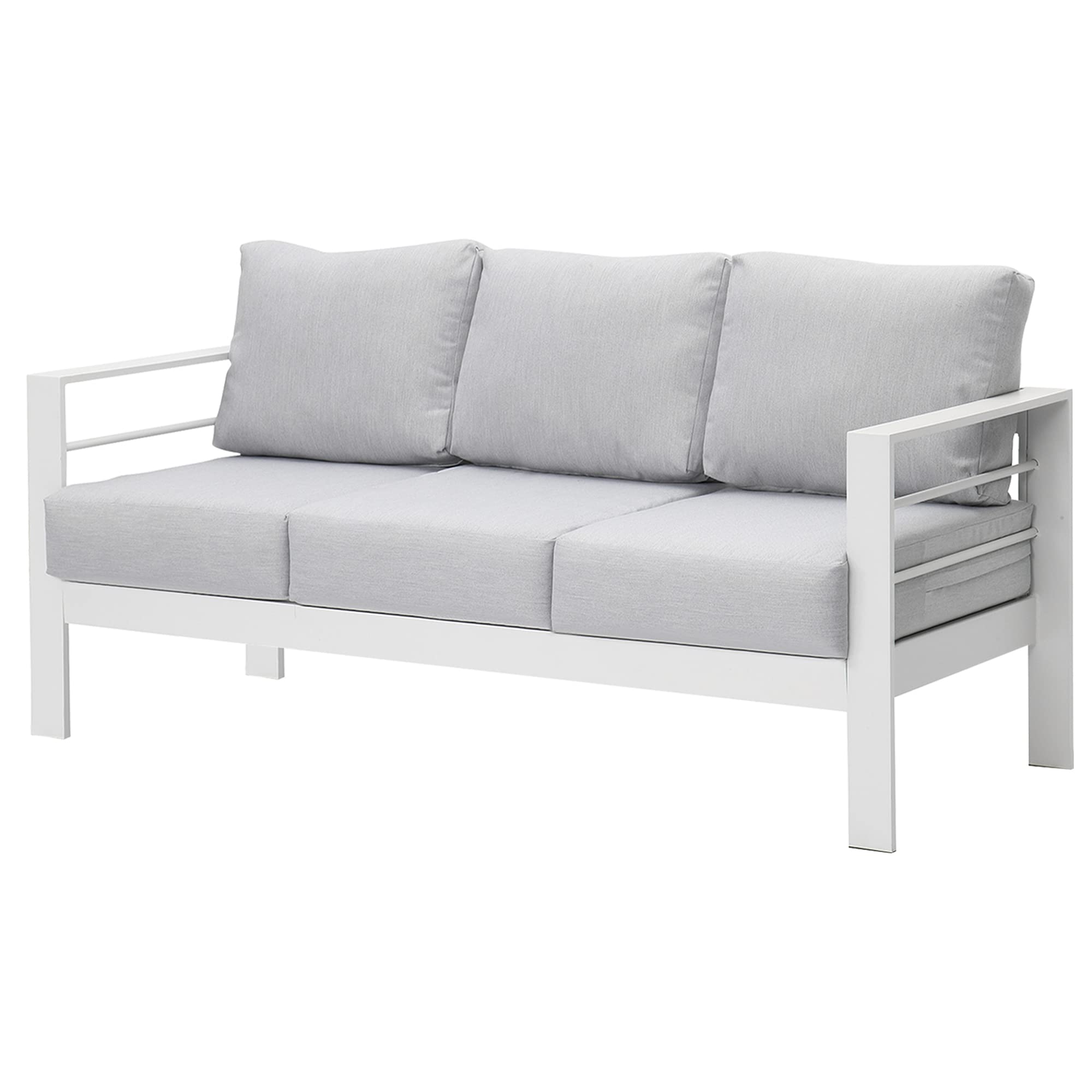 wisteria lane patio furniture aluminum sofa, all-weather outdoor 3 seats couch, white metal chair with light grey cushions