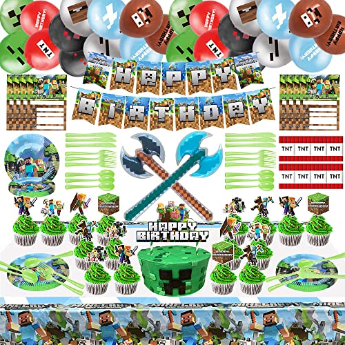 122Pcs Pixel Style Gamer Birthday Party Supplies, Miner Theme Birthday Party Decoration Miner Style Decorations Contain Banner,Pixel Miner Balloons,Cake Topper,for Miner Party Favors Decorations