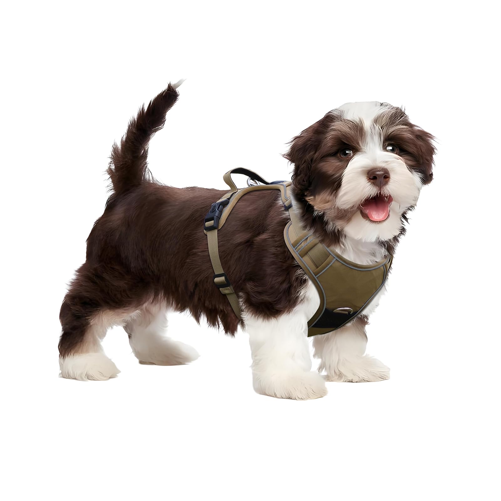 Tryonpet No-Pull Dog Harness with 2 Leash Clips, Adjustable Soft Padded Oxford Vest, Reflective No-Choke Pet Harness with Easy Control Handle (Khaki,