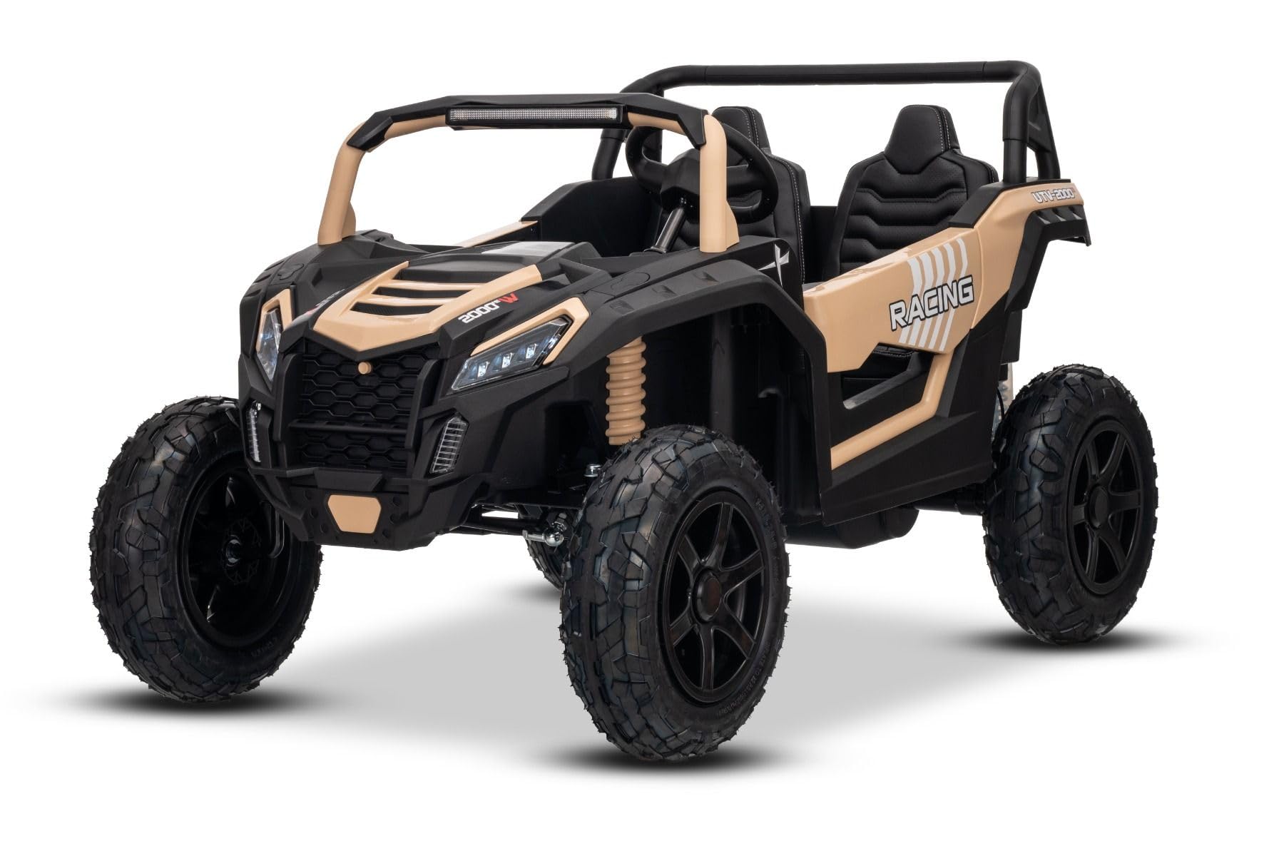 UTV XXL 24 V elektryczny samochód pedałowy, khaki, dwumiejscowy silnik różnicowy, nadmuchiwane gumowe koła, wiszące tylne osie, hamulce tarczowe, wyściełane siedzisko, regulowana kierownica, Bluetooth