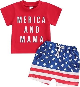 Madjtlqy Baby Boy 4th of July Outfit USA Letter Print Short Sleeve T-Shirt Stripe Star Shorts Set Patriotic Summer Clothes