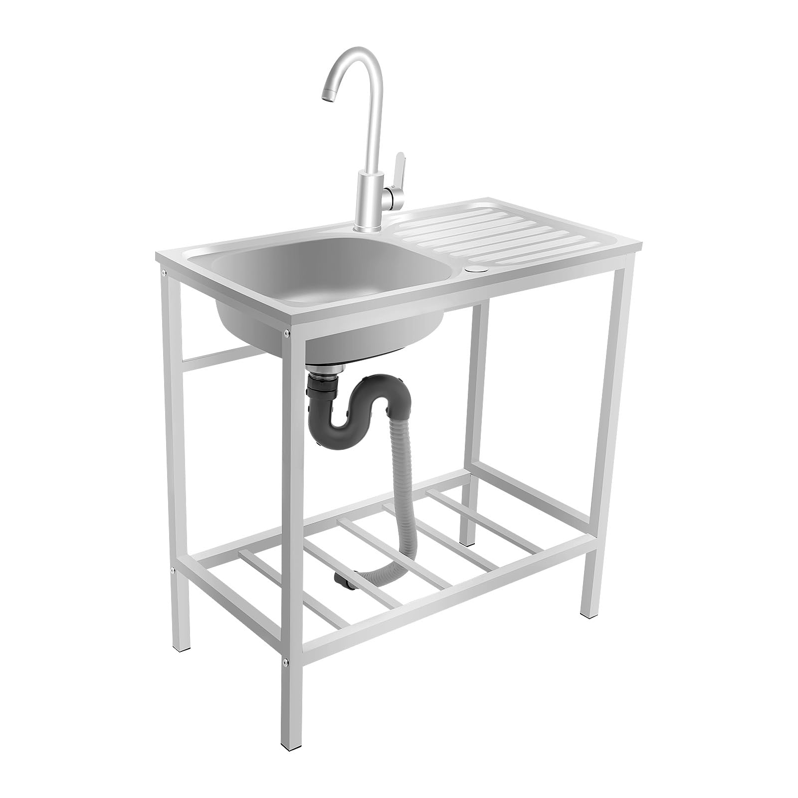 Fregadero de Cocina de Acero Inoxidable con Soporte, Fregadero Exterior Autónomo, Grifo Giratório 360° con Estantería de Almacenamiento, Gran Capacidad, Ideal para Casa, Restaurante, Lavandería, Carga