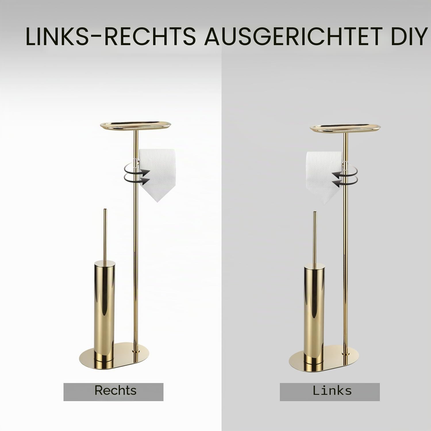 BGL Freistehendes Toilettenbürsten-Set mit langem Edelstahl Gold – WC Bürste & Klobürste mit Toilettenpapierhalter, 3-in-1 Set mit Ablage, Modernes Design