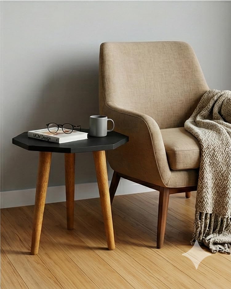 Image of Furniture Cafe Octagon Accent Side Table - Modern Geometric End Table with Solid Wood Legs for Living Room, Bedroom, Balcony & Office (White Top)