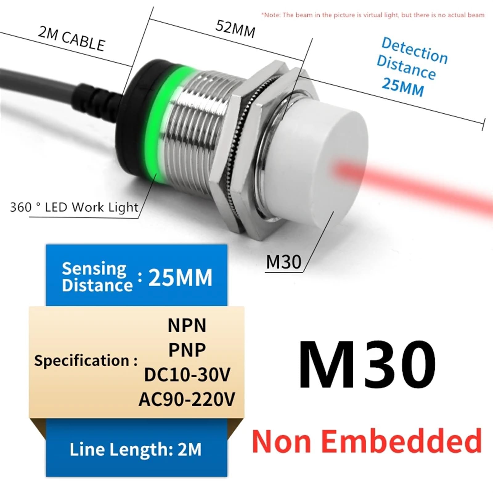 M8 M12 M18 Interruttore metal detector a lunga distanza 24v Serie cilindrica Interruttore di prossimità induttivo Sensore Distanza di induzione 2MM(M30 Non Embedded,PNP,Normally Closed)