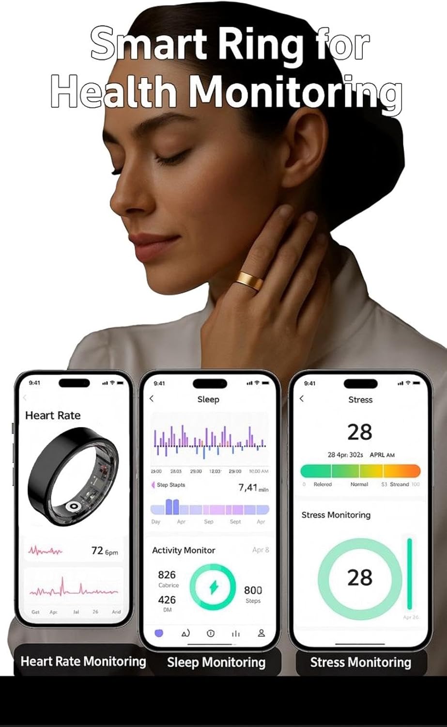 Smart Ring for Women & Men - Heart rate, Blood oxygen, Sleep Tracker | Waterproof IP68 | 12-Day Battery | Heart Rate, Steps, Calories Monitor | Comfort Fit Wearable Tech Accessory Ring (Silver, 9)