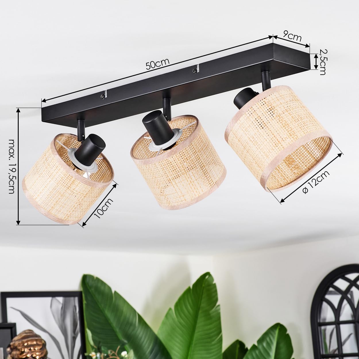 HOFSTEIN Lampa sufitowa Sabadim, z metalu/plecionki papierowej/materiału w kolorze czarnym/naturalnym/brązowym, regulowana lampa w stylu boho (klosze Ø 12 cm), E14, do jadalni, salonu, sypialni