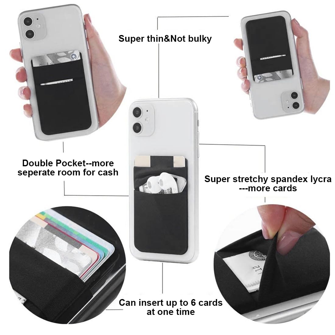 2 Pezzi Porta Carte di Credito per Cellulare, Pelle Vegana Porta, Titolare Della Carta per Cellulare Adesivo, Tasca Adesiva Per Tessere Carte Badge Taschino Autoadesivo Per Cover, Nero