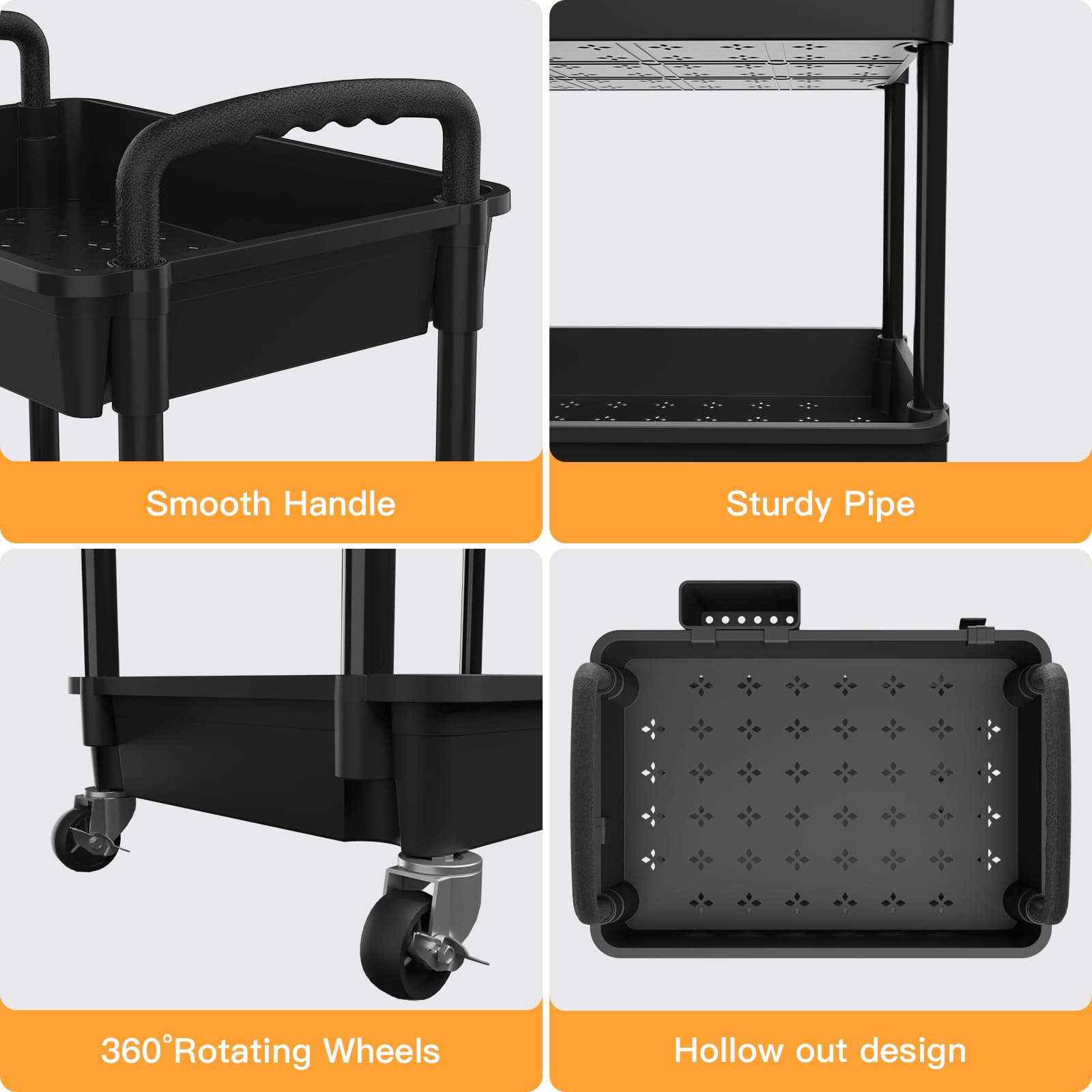 Carrito utilitario rodante de 3 niveles con asa, carrito utilitario REBECAT hecho de herramienta organizadora de almacenamiento multifuncional para cocina, baño, sala de estar, oficina (negro)