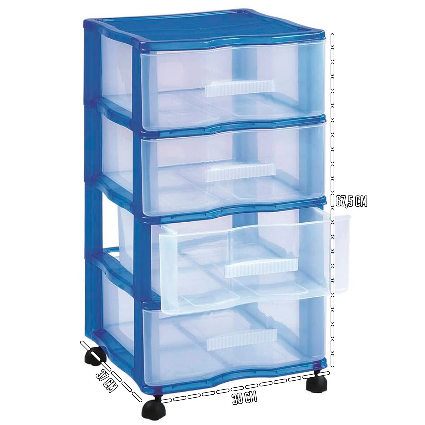Tradineur - Cassettiere modello Wagon - Realizzato in plastica - Ruote Incluse - 4 cassetti - 67,5 x 37 x 39 cm - Colore blu - Cassetti trasparenti