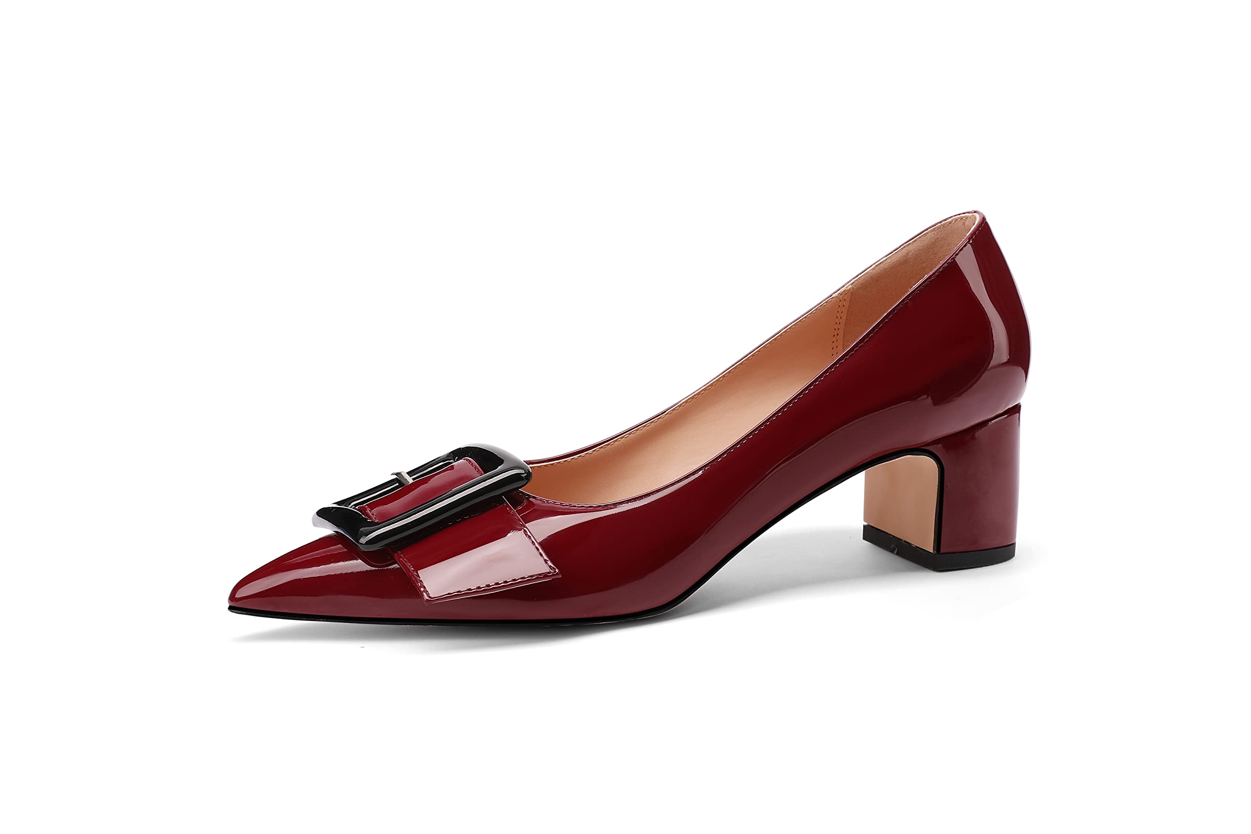 TanaoenWomen's Gold Metal Rectangle On Solid Patent Pointed Toe Chunky Low  Heel Pumps Shoes Inch