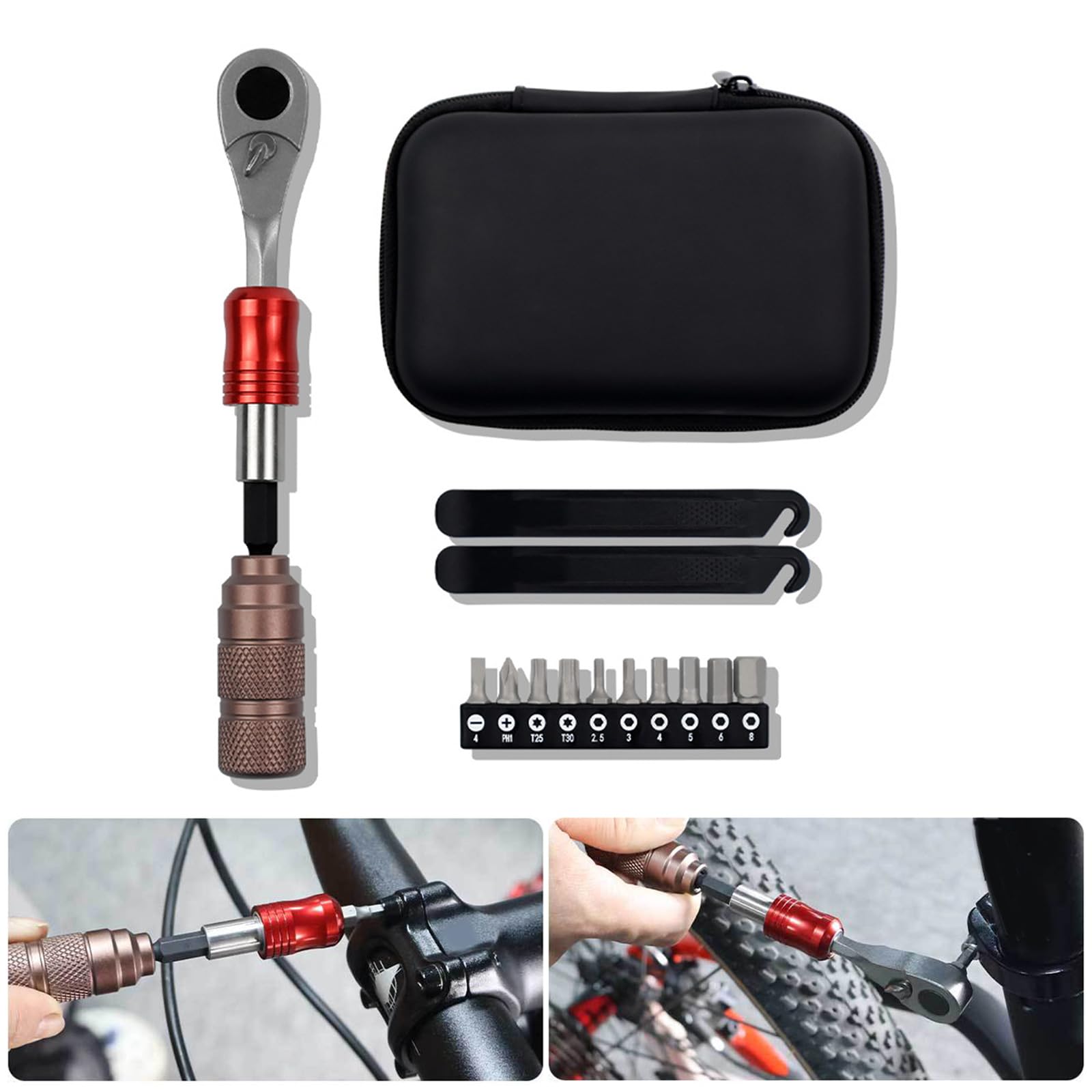 Kit Riparazione Bici - Chiave A Cricchetto Multifunzione, Barra Pneumatici, Borsa Portaoggetti - Foto 4