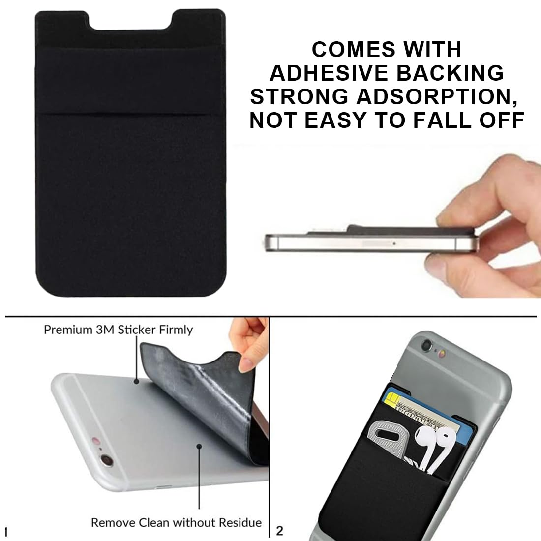 2 Pezzi Porta Carte di Credito per Cellulare, Pelle Vegana Porta, Titolare Della Carta per Cellulare Adesivo, Tasca Adesiva Per Tessere Carte Badge Taschino Autoadesivo Per Cover, Nero