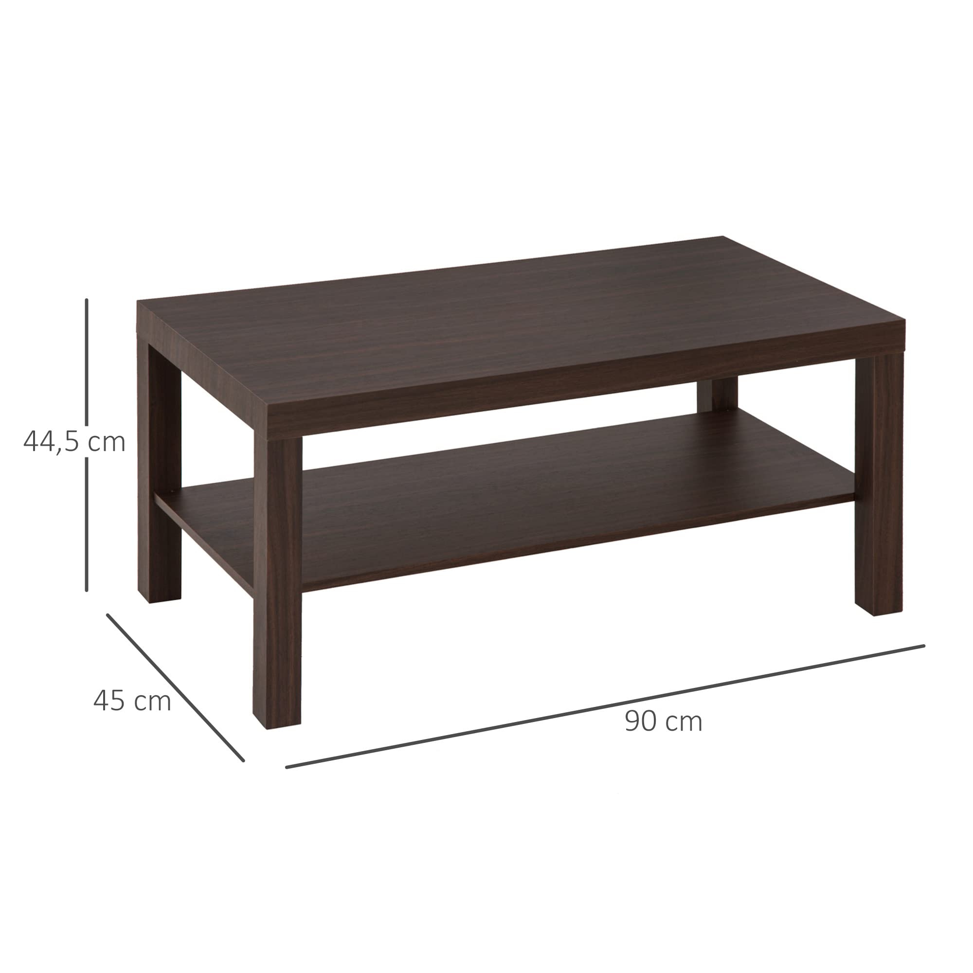 HOMCOM Mesa de Centro, Mesa de Café para Salón con Estante Abierto, Tablero Grueso, para Sala de Estar, Comedor, Oficina, 90x45x44,5 cm, Nogal
