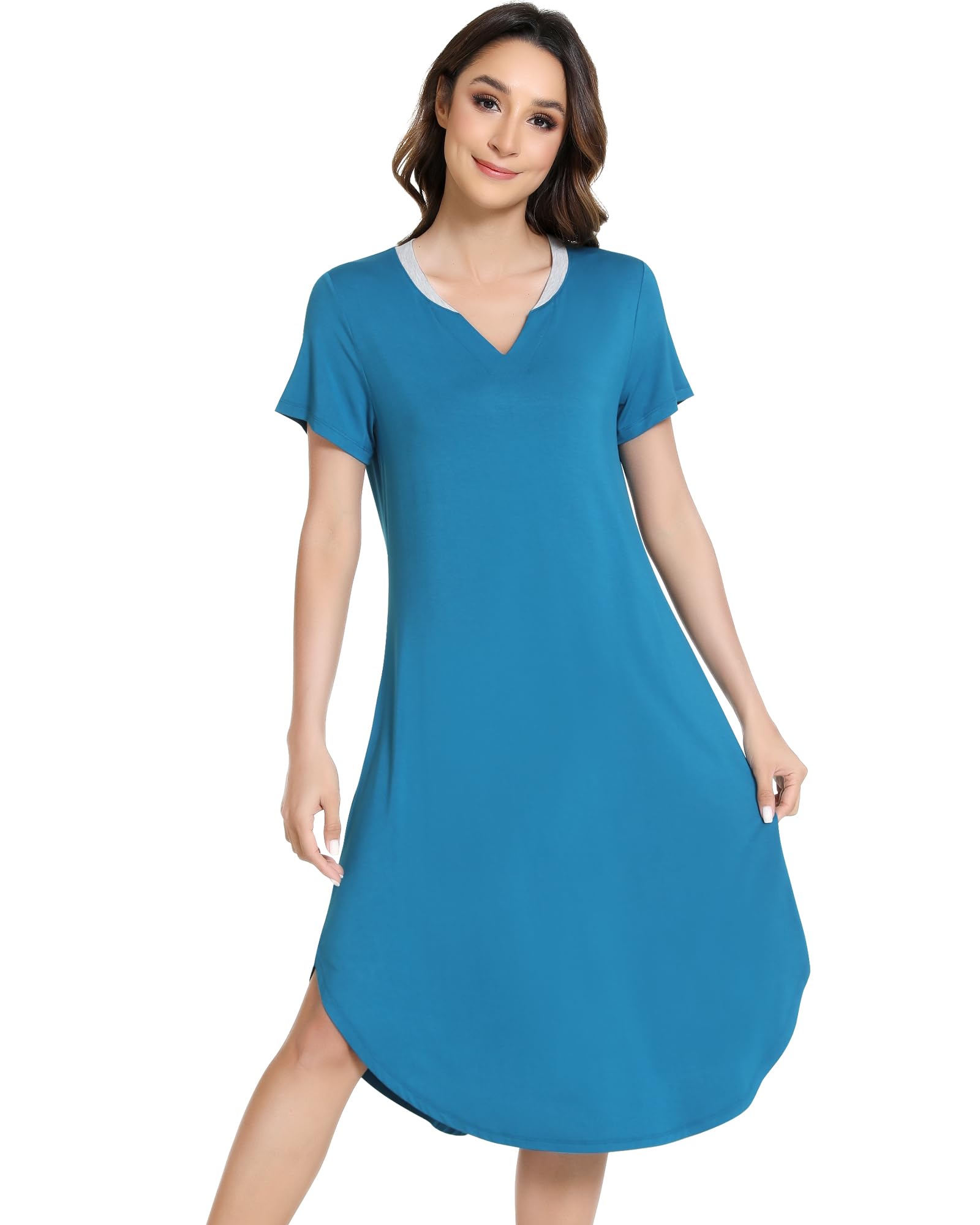 NACHILA Nightgowns for Women-Viscose Made from Bamboo,Short Sleeve Nightshirts V Neck Sleep Shirt Loose Sleep Dress