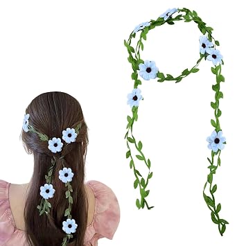 YangQian Blue Flower Crown for Women Girls Floral Hair Band with Green Leaves Braided Flower Headpiece for Wedding Party Costume Hair Accessories for Women Girls Flowers Headband