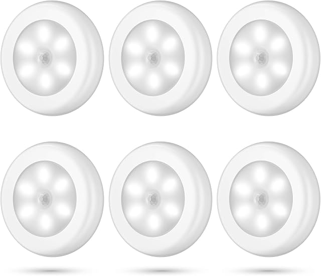 AIGUOZER 6 Pack LED Motion Sensor Night Light, PIR Motion Sensor LED Cabinet Lights Battery Powered Wireless Lighting Night Light Stick with FREE 3M Adhesive Pads & Magnetic for Stairs, Wardrobe-White