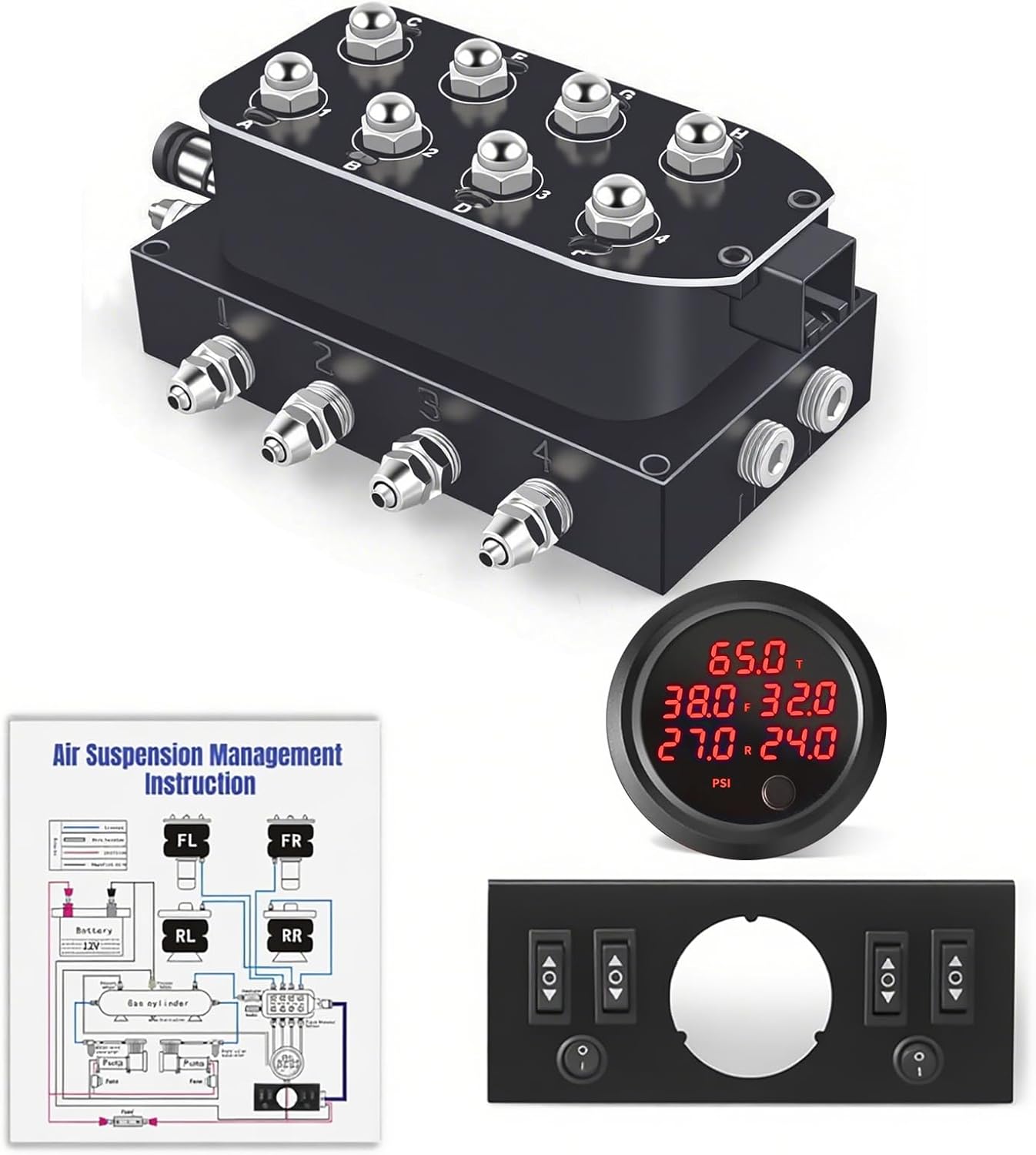 12V Air Management Featuring 8-Valve Air Ride Suspension Manifold, Simplify Control Panel and Ship Type Switch and Five-Way Red Display Air Pressure Gauges
